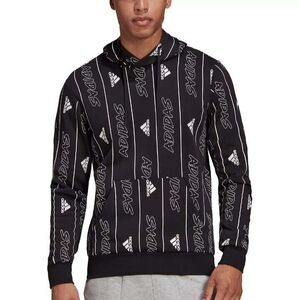 Adidas Fleece Hoodie Black Sweatshirt All Over Logo Print Men's Size XL